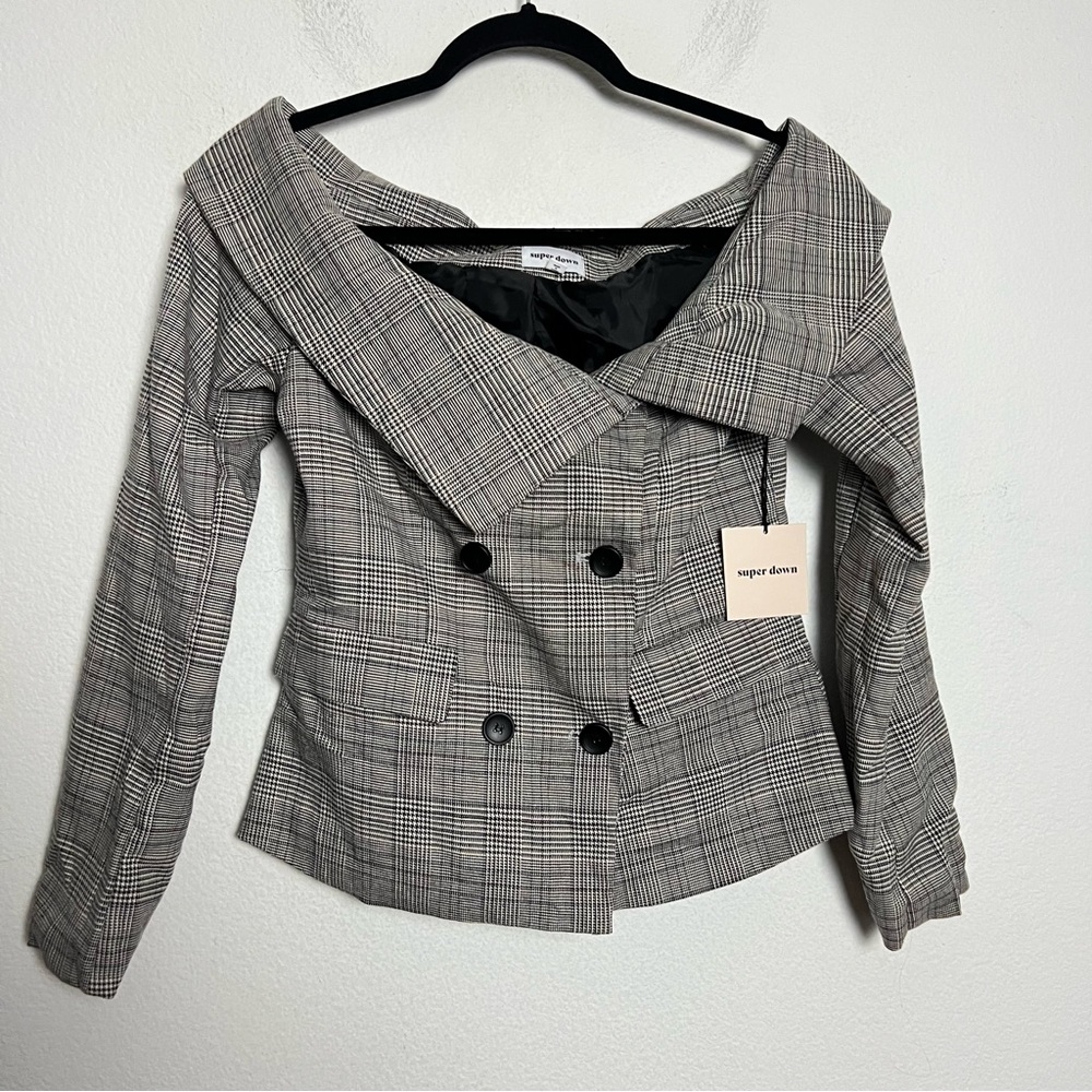 superdown Off-Shoulder Checkered Blazer - Picture 2 of 4
